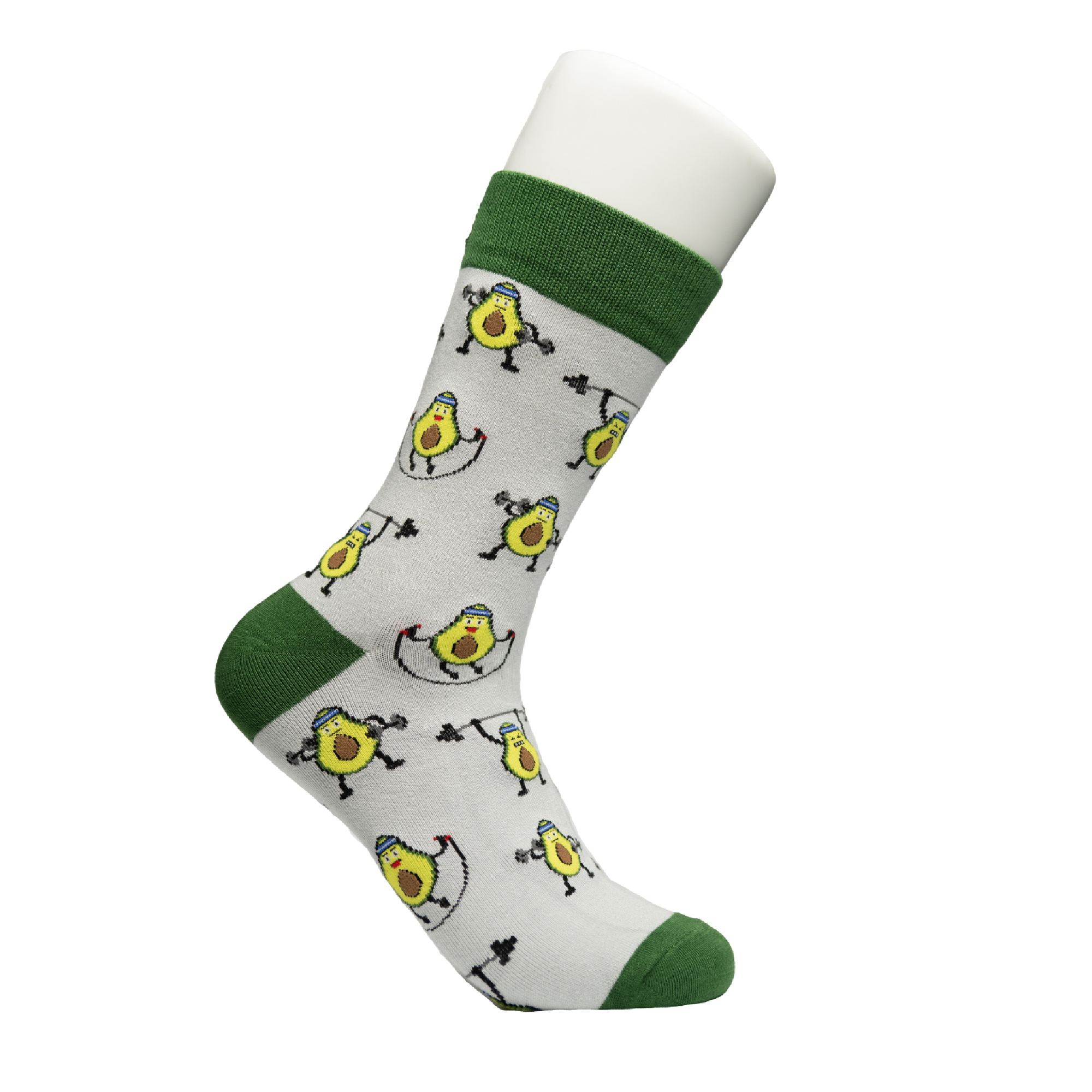 Bas en bambou gris et vert avec des avocats. Bas conçu au Québec